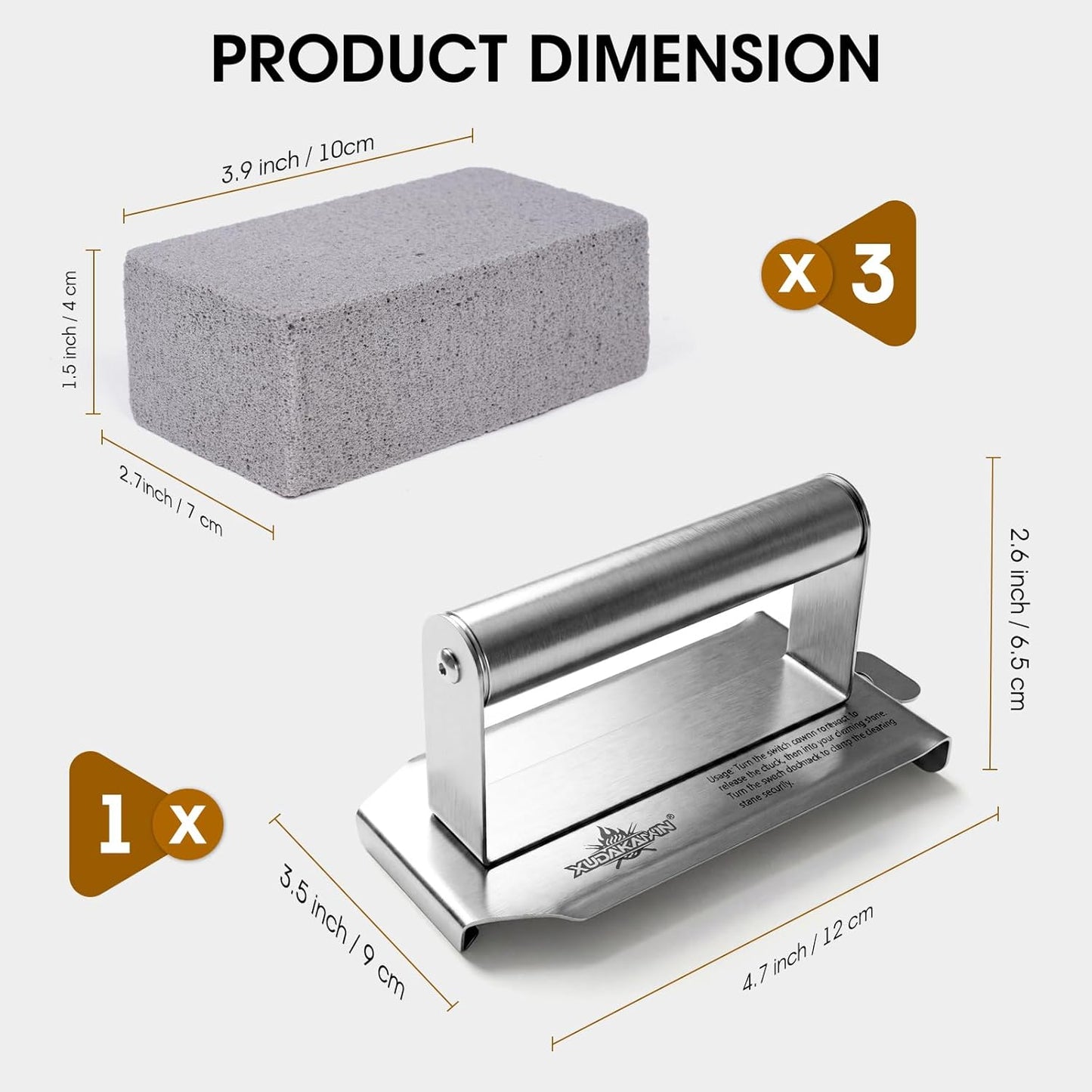 XUDAKAIXIN Grill Cleaning Bricks with Handle, Pumice Griddle Cleaning Stone Removing Stains for Grill,Plattop Griddle,Sink,Cookwares,Floor,Countertop(3-Pack with Handle)