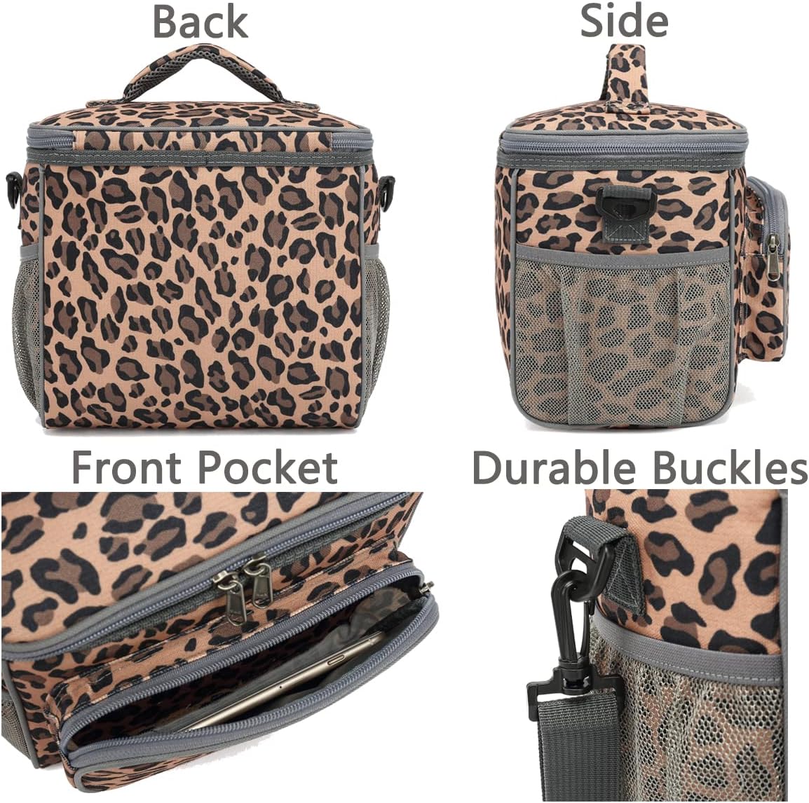 FlowFly Insulated Reusable Lunch Bag Adult Large Lunch Box for Women and Men with Adjustable Shoulder Strap,Front Zipper Pocket and Dual Large Mesh Side Pockets,Cherry - Colors A