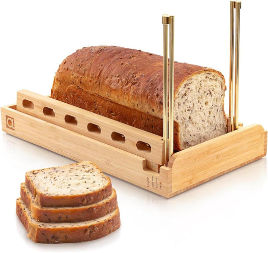 DITTO 2.0 Bamboo Bread Slicer for Homemade Bread - 6.5" Wide Adjustable Bread Slicer Guide Cuts Even Slices, 4 Thickness Options - Works with Buns, Bagels - Incl Crumb Tray
