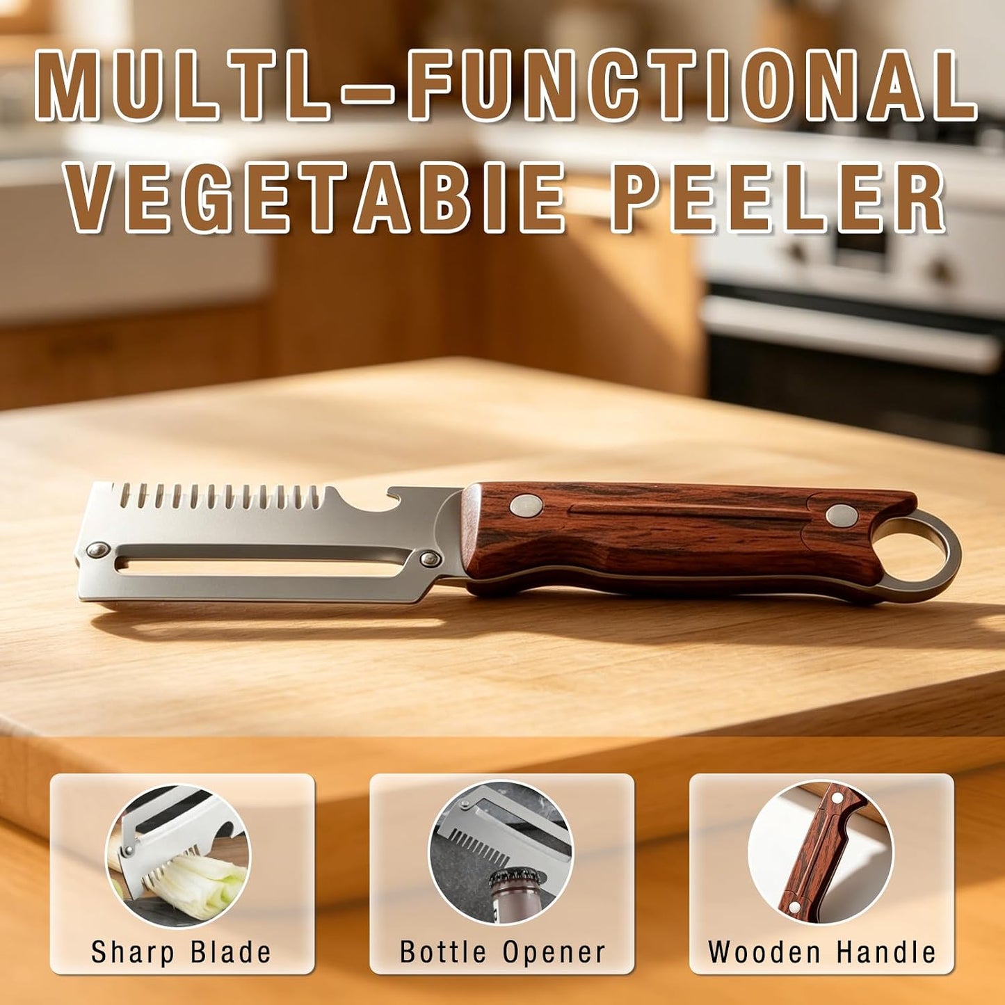Multifunctional 3-in-1 Vegetable Peeler & Julienne Slicer, Stainless Steel Blade with Ergonomic Wood Handle for Efficient Peeling, Grating, Slicing (2 Pack)
