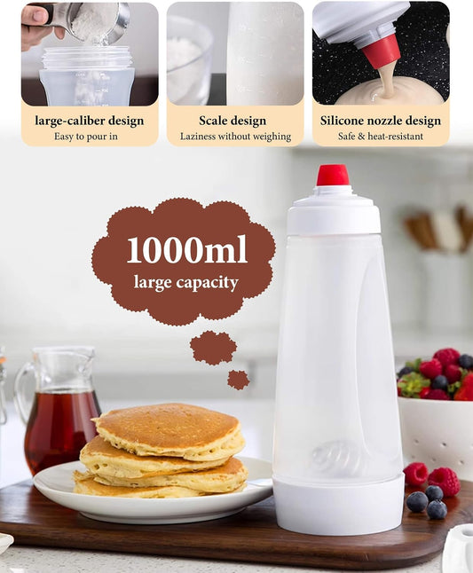 2 Pack Pancake Batter Dispenser Bottle,1000ml Large Squeeze Bottles,No-Mess Batter Mix Dispenser for Pancakes, Waffles, Crepes, Cupcakes and Griddle Baking - Kitchen Baking Tool