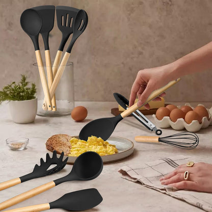HaWare Silicone Cooking Utensils Set, 10-Piece Chef Kitchen Non-Stick Cookware with Wooden Handle, 450°F Heat Resistant - Khaki