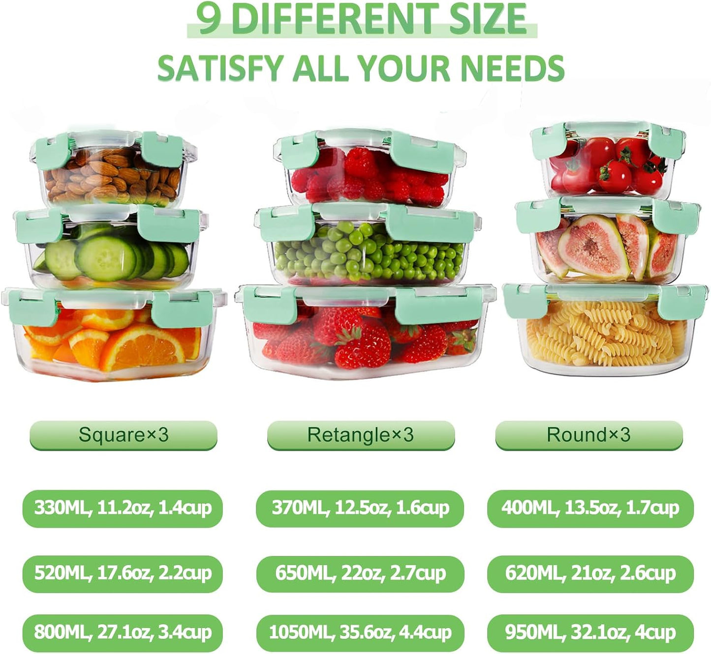 HOMBERKING 18 Piece Glass Food Storage Containers with Lids, Glass Meal Prep Containers, Airtight Lunch Bento Boxes, BPA-Free & Leak Proof, Oven, Freezer and Dishwasher Safe (9 lids & 9 Containers)