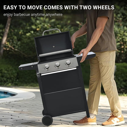 Endark 3-Burner Propane Gas Grill | 26,000 BTU Stainless Steel with Enamel Wire Cooking Grates & Built-In Thermometer | Side Rack Wheels | Great for Patio, Garden, and Outdoor Cooking