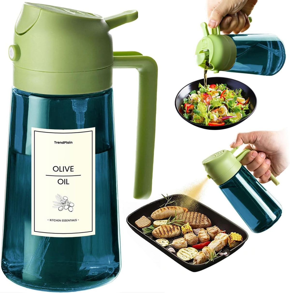 TrendPlain 16oz/470ml Blue Glass Olive Oil Sprayer for Cooking - 2 in 1 Olive Oil Dispenser for Kitchen Gadgets, Air Fryer, Salad, and BBQ - Black