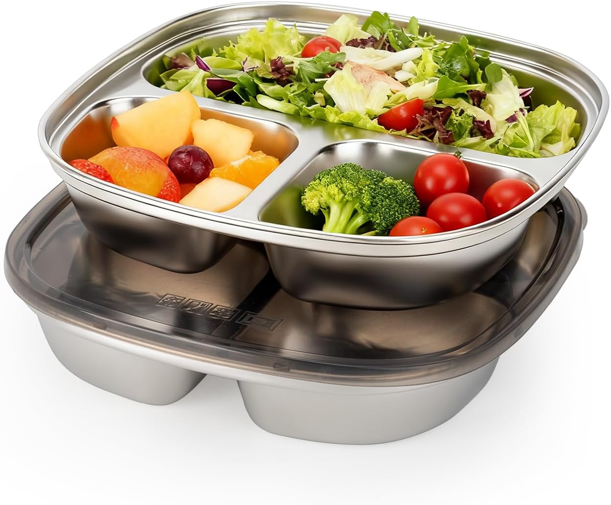 4 Pack Food Storage Containers Plates,Stainless Steel with lids containers,Portion Control Plate, Metal Lunch Tray Dishes,For Meal Prep,Fruit,Snack