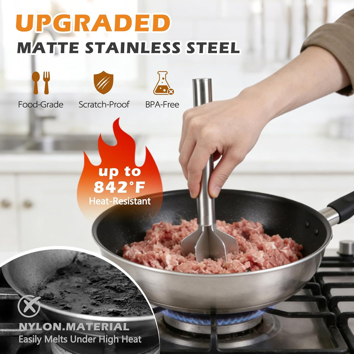 304 Stainless Steel Meat Chopper & Masher, Heavy Duty Food Grade 6-Blade Ground Beef Smasher, Metal Hamburger Chopper Tool, Meat Masher for Ground Beef