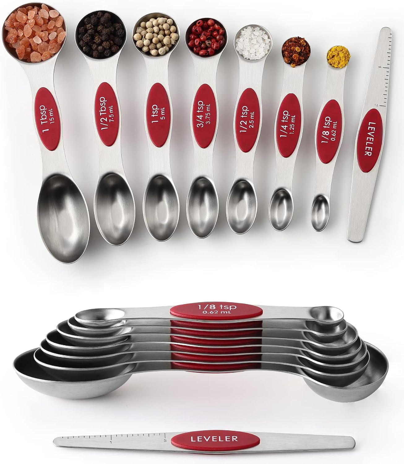 Spring Chef Stainless Steel Magnetic Measuring Spoons Set with Strong N45 Magnets, Heavy Duty Metal Kitchen Gadgets for Baking & Cooking, Fits in Most Kitchen Spice Jars, Set of 8 with Leveler, Black