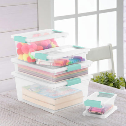 Sterilite Deep Clip Box, Stackable Small Storage Bin with Latching Lid, Plastic Container to Organize Paper, Office, Home, Clear Base and Lid, (Pack of 4)