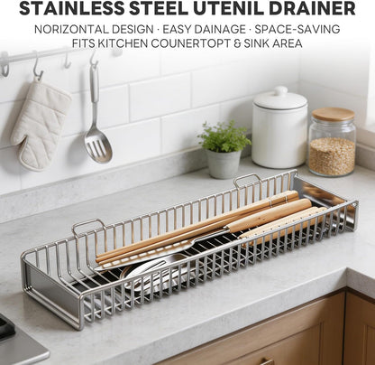 Expandable Over The Sink Dish Drainer Drying Rack, Stainless Steel Metal, Small Adjustable Dish Drainer Drying Rack for Kitchen Counter, Space Saving for Compact Kitchen