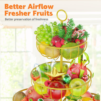 PouHenier.jh 3 Tier Rotating Fruit Basket Bowl, Kitchen Counter Wire Produce Organizer Holder, Stable Vegetable Storage Stand with 2 Banana Hangers, Countertop Tiered Veggie Rack, Easy Setup, Black