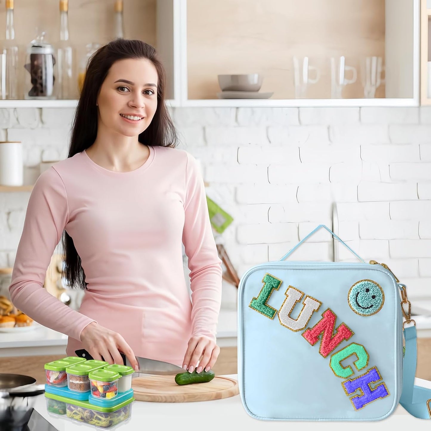 Insulated Lunch Bag With Adjustable Shoulder Strap, Nylon Preppy Lunch Box Large Insulated Lunch Bag Reusable Lunch Tote Bag with Smiley Preppy LunchBag for Girls School Travel Picnic (Green)
