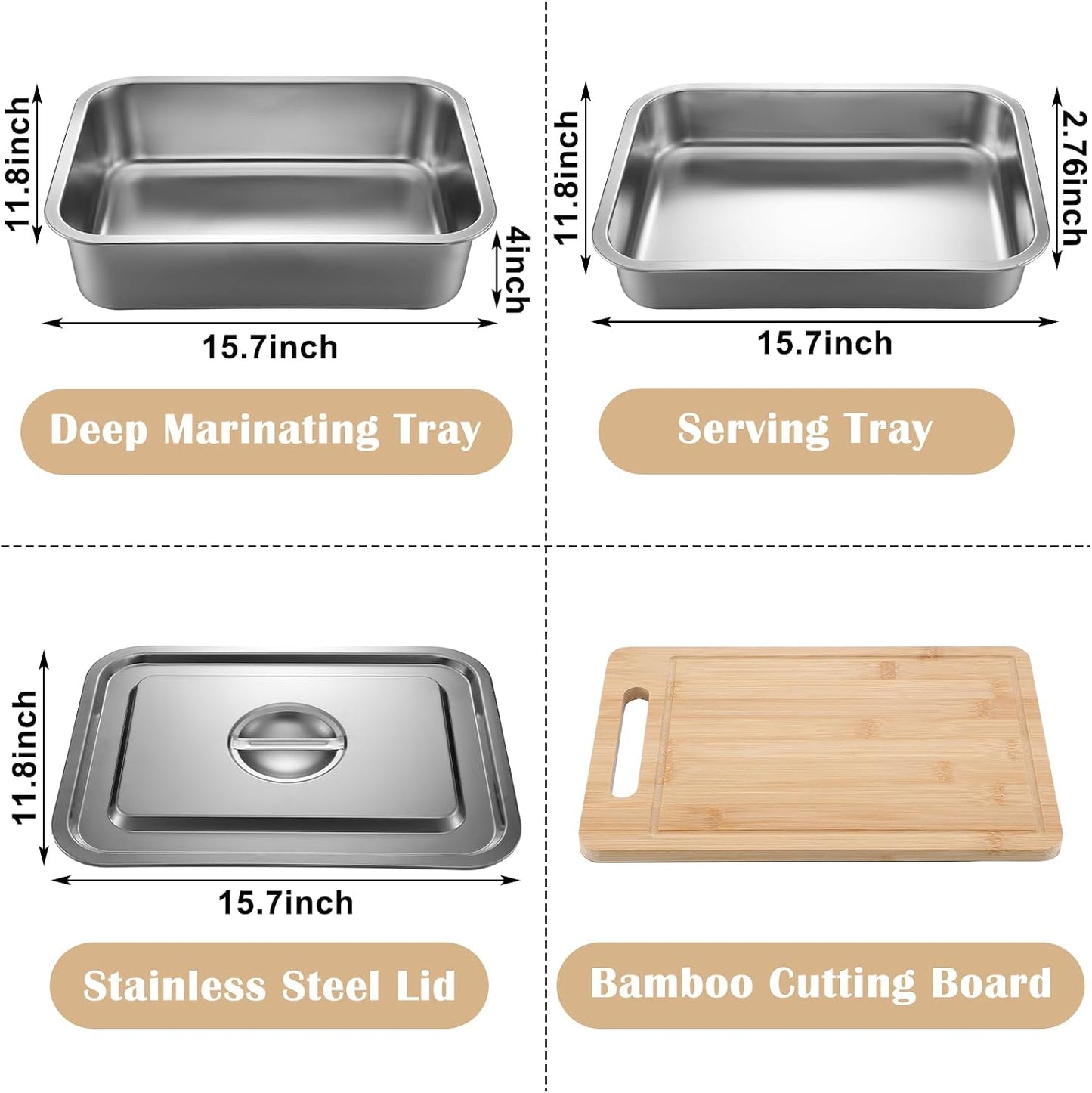 LemonRoad 4 in 1 Grill Prep Trays Sets, Grilling Prep and Serve Tray Large Stainless Steel Food Trays with Cutting Board for Outdoor Cooking Picnic Grilling BBQ Accessories Gift