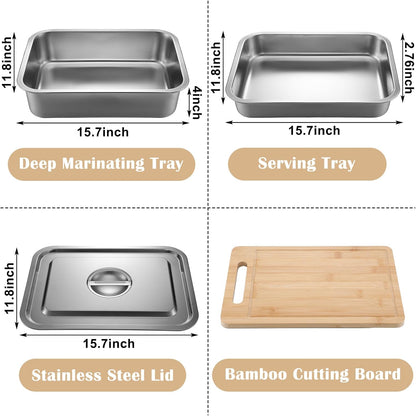 LemonRoad 4 in 1 Grill Prep Trays Sets, Grilling Prep and Serve Tray Large Stainless Steel Food Trays with Cutting Board for Outdoor Cooking Picnic Grilling BBQ Accessories Gift