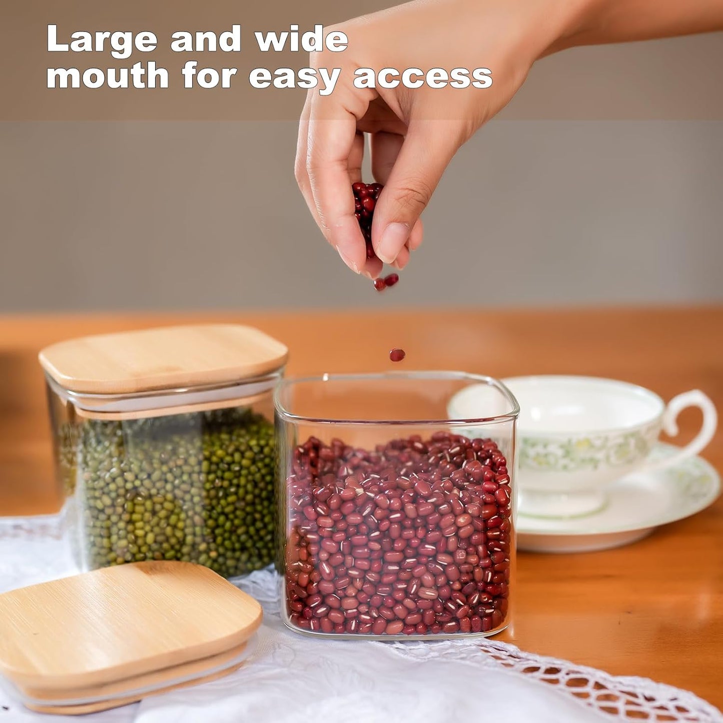 Glass Food Storage Jars 37 oz Set of 6,Glass Storage Containers Clear Glass Food Canister with Bamboo Lid Airtight For Serving Tea, Coffee, Flour, Sugar, Candy, Cookie, Spice and More (Square)