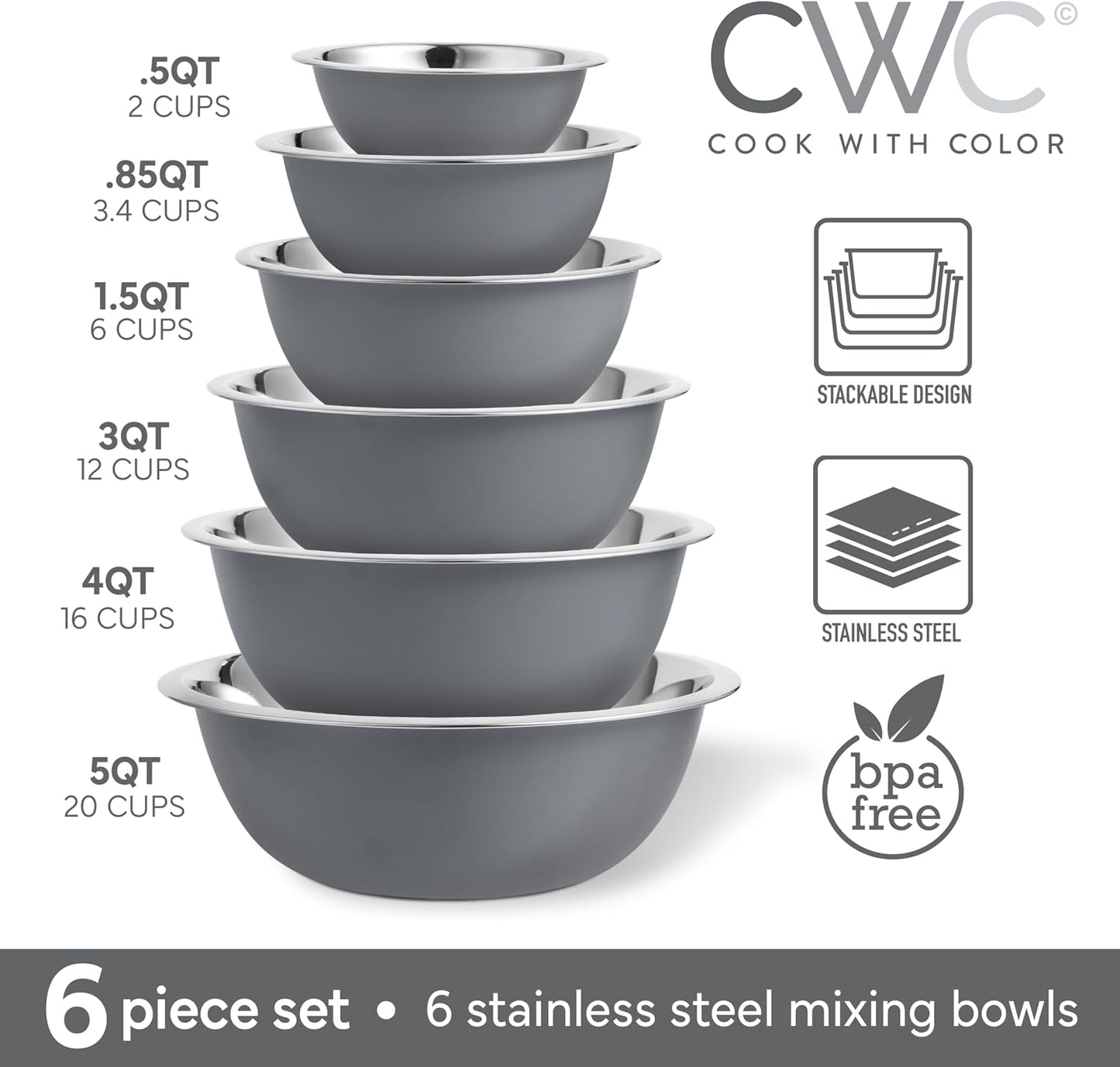 COOK WITH COLOR Stainless Steel Mixing Bowls Set - Nesting Bowls, 6 Pieces, Rose