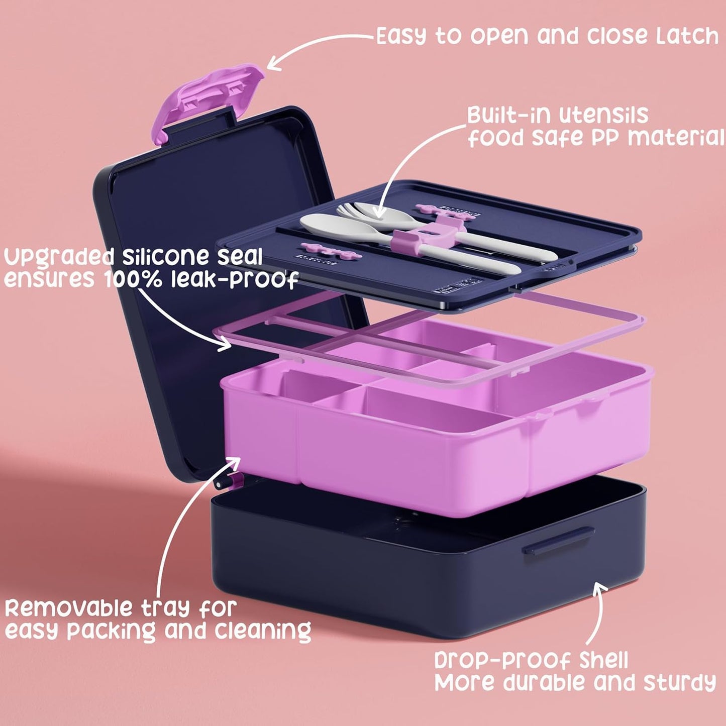 Fimibuke Bento Lunch Box for Kids, Leak Proof Toddler Bento Box with 4 Compartments BPA Free Dishwasher Safe Lunch Container with Utensils, Ideal Portion Sizes for Ages 3-12 Girls Boys for School