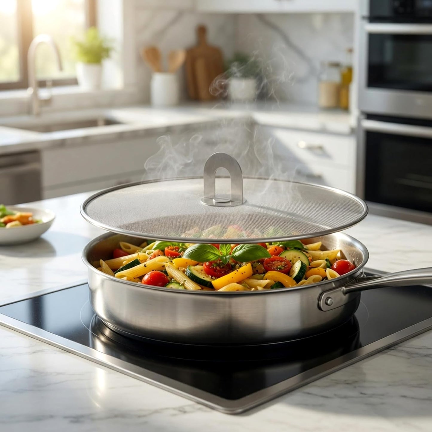 Homestia Splatter Screen for Kitchen, Stainless Steel Fine Mesh Splatter Screen for Frying Pan, 10” Grease Splatter Guard with Fold Flat Knob