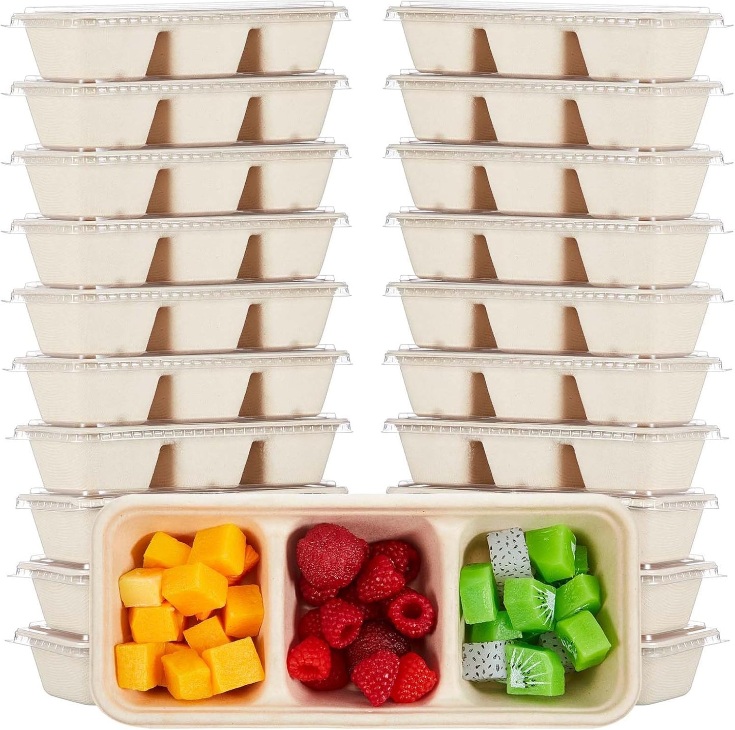 Hushee 50 Pack 17 oz 3 Compartment Snack Container Paper Small Meal Prep Containers with Lid, Disposable Bento Box Travel Lunch Food Boxes Stackable for Office Picnic