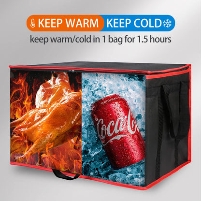 Bodaon 2-Pack Insulated Food Delivery Bag, XXX-Large Meal Grocery Tote Insulation Bag for Hot and cold Food, Commercial, Large Capacity Reusable Warming Bag, Heavy Duty Pizza Carrier, Black + Red