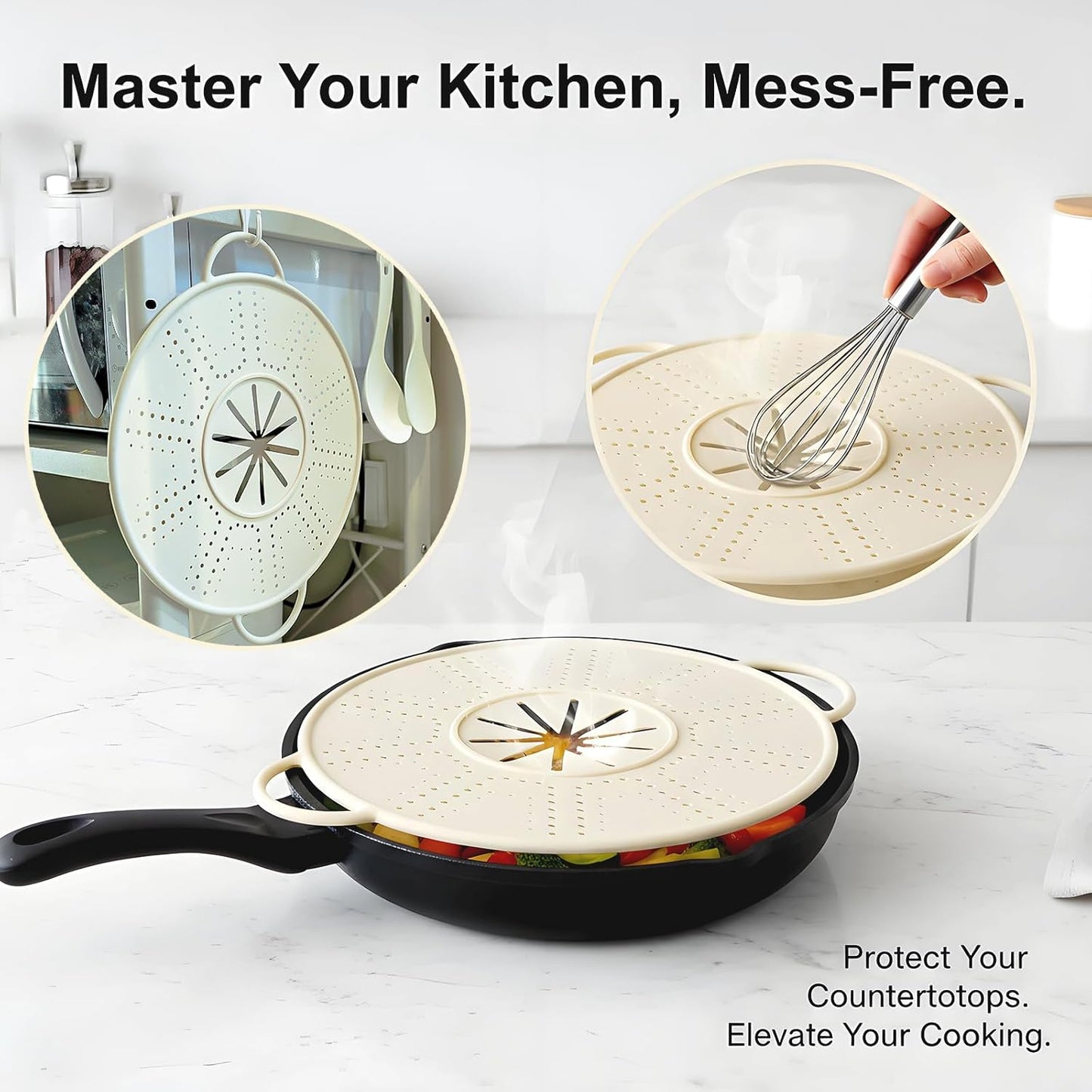 Silicone Splatter Screen for Frying Pans, Oil Splash Guard Cover with Strainer Holes & Heat Resistant Mat, Fits Most Stovetop Pans Non-Fold Lid