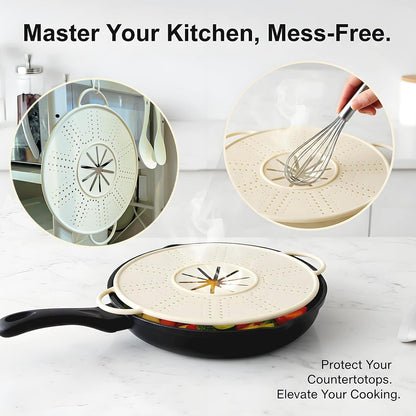 Silicone Splatter Screen for Frying Pans, Oil Splash Guard Cover with Strainer Holes & Heat Resistant Mat, Fits Most Stovetop Pans Non-Fold Lid