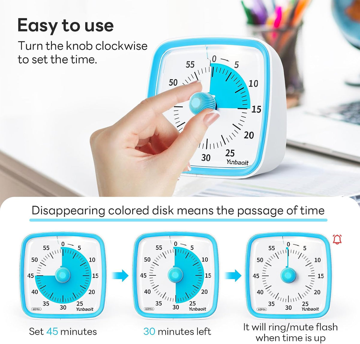 Yunbaoit Visual Timer with Night Light, 60 Minute Countdown, Light Blue