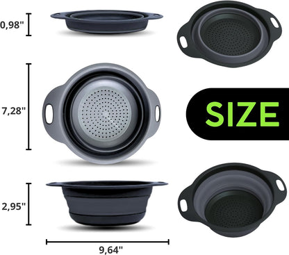 3PCS Green Foldable Kitchen Strainer Set – Silicone Colander Collapsible Strainers and Colanders Green Collander for Kitchen Collapsible Compact Drain Tools for Cooking Prep