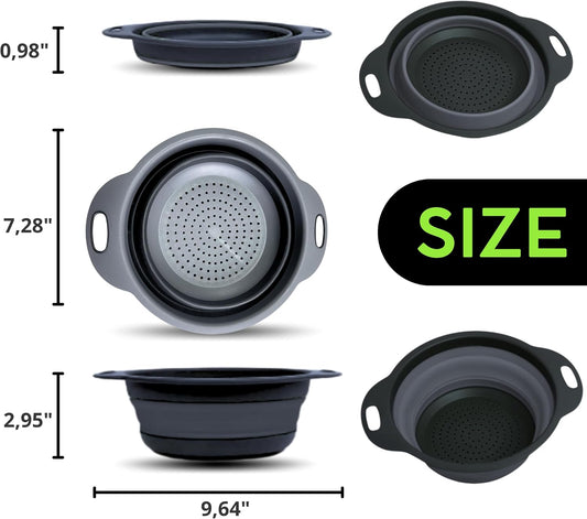 3PCS Green Foldable Kitchen Strainer Set – Silicone Colander Collapsible Strainers and Colanders Green Collander for Kitchen Collapsible Compact Drain Tools for Cooking Prep