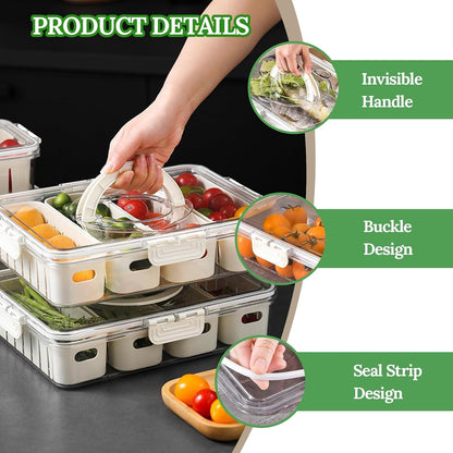 shopwithgreen Divided Serving Tray with Lid, Portable Snack Box Charcuterie Veggie Tray with Lid, Food Storage Organizer with 8 Colandersfor Fruit, Vegetable, Refrigerator, Kitchen, Party, Picnic
