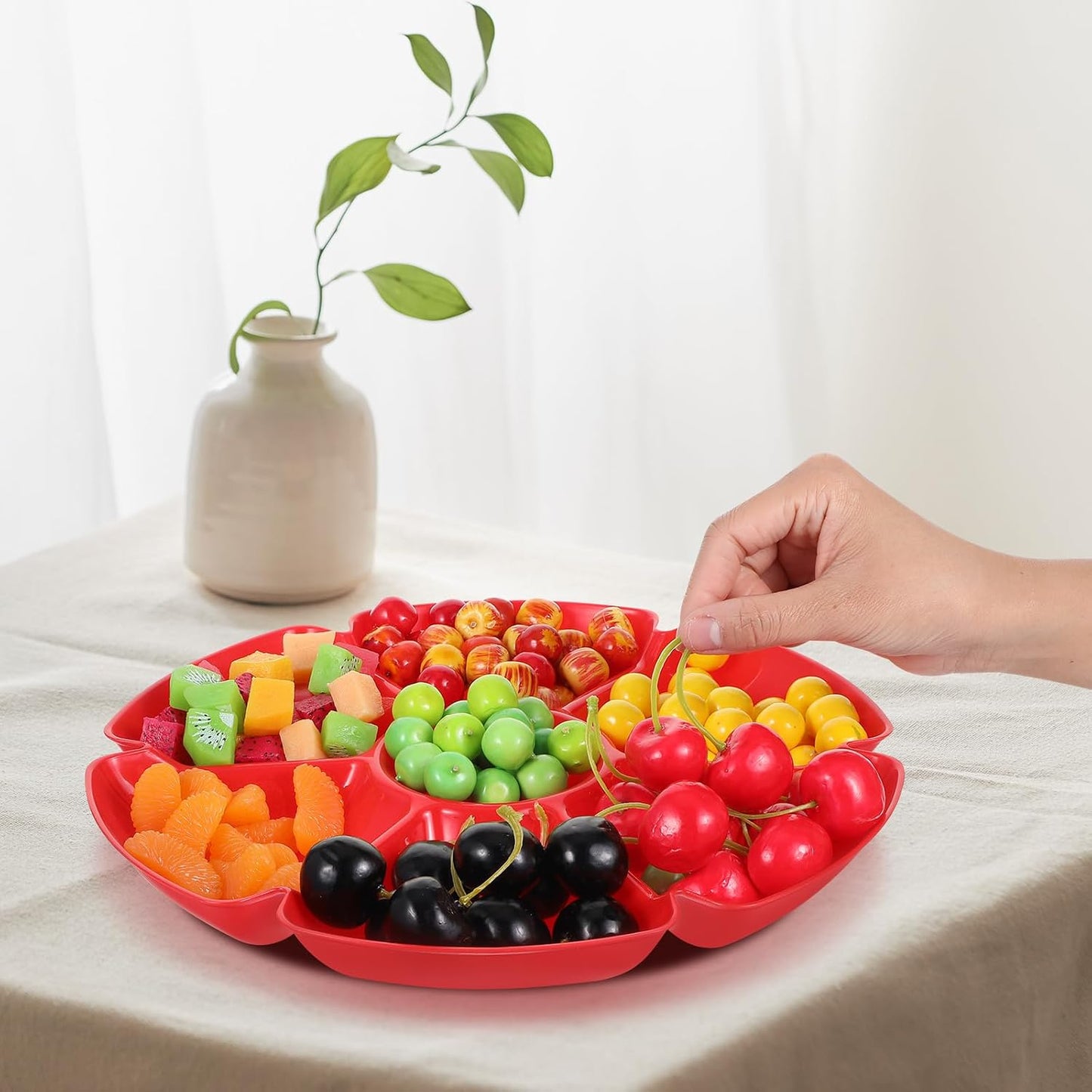 Lemecima 12 Pcs Plastic Snack Serving Tray, 12 Inch Unbreakable Chip and Dip Divided Serving Plates, Round 7 Compartments Multifunctional Food Platter for Snack, Nuts, Candy, Dried Fruit, Veggies