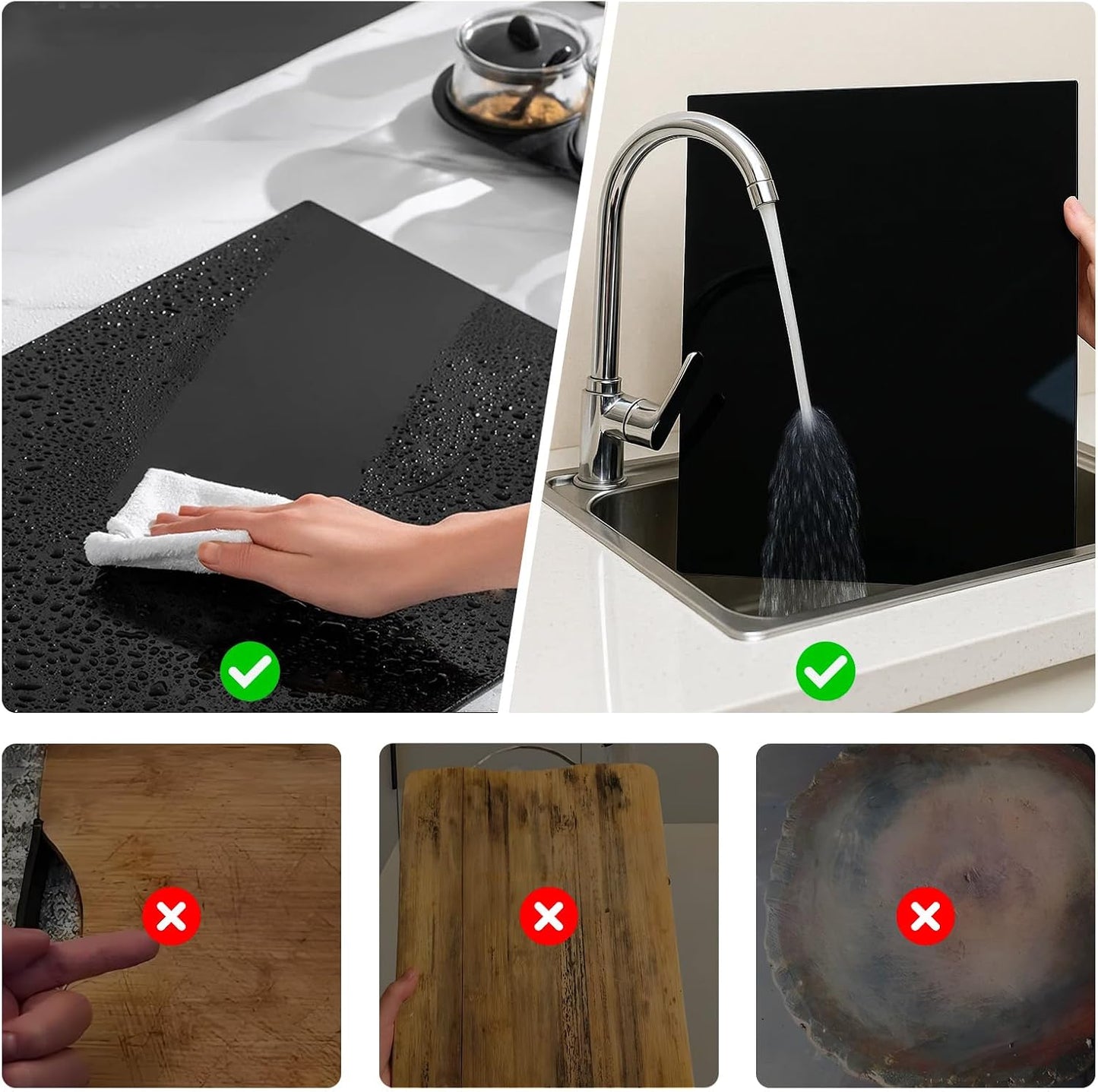 3-Piece Acrylic Cutting Board Set with Counter Lip, 3 Sizes (17.5x13.5/16x12/11.5x7.5Inch) for Kitchen Countertops, Non-Slip Durable Black Countertop Protector, Ideal for Home Decor Housewarming Gifts