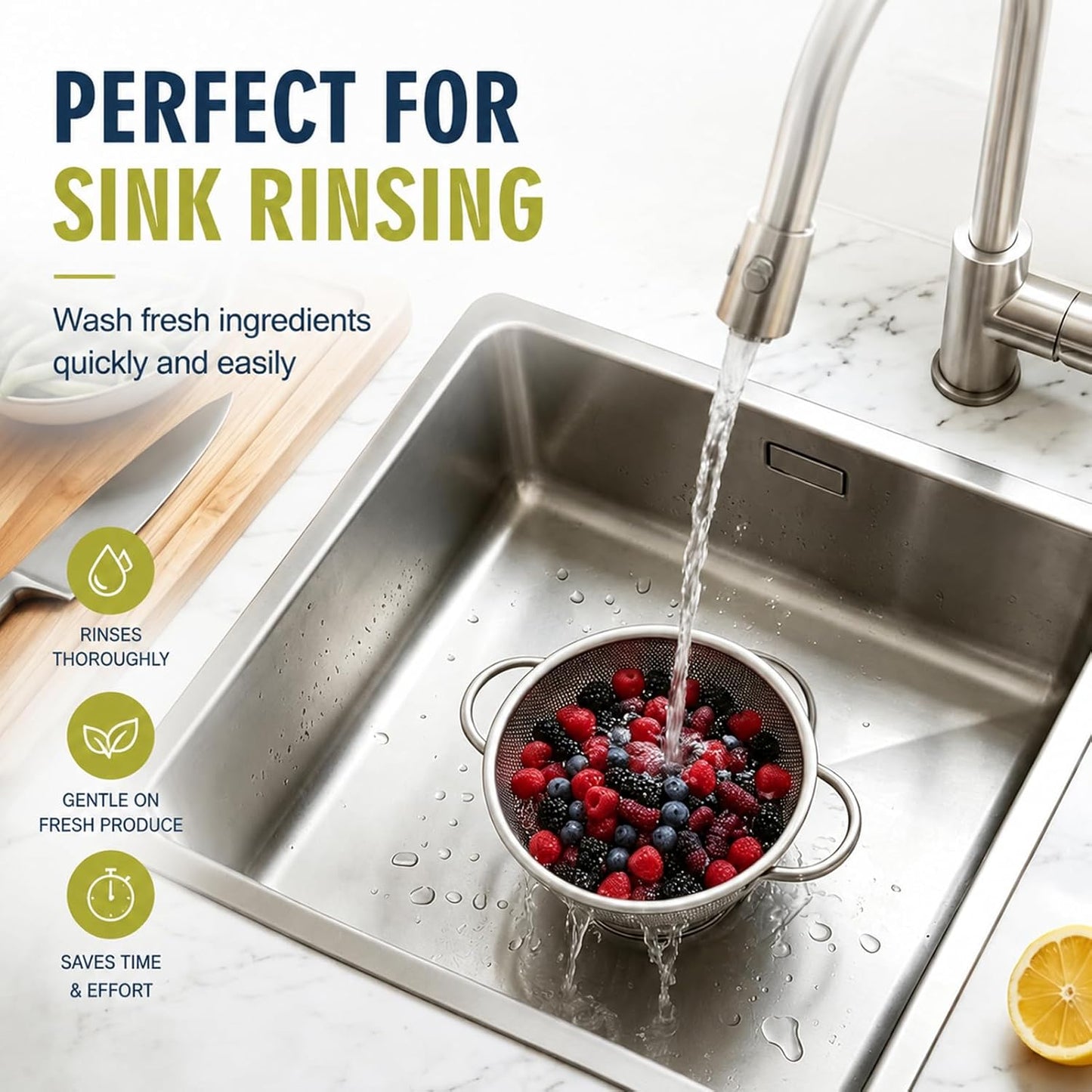 Palksky Stainless Steel Colander Set with Self-Draining Base, 3 Sizes Colanders & Food Strainers for Pasta, Rice, Fruits & Veggies, Metal Colander with Draining Plate for Sink or Countertop