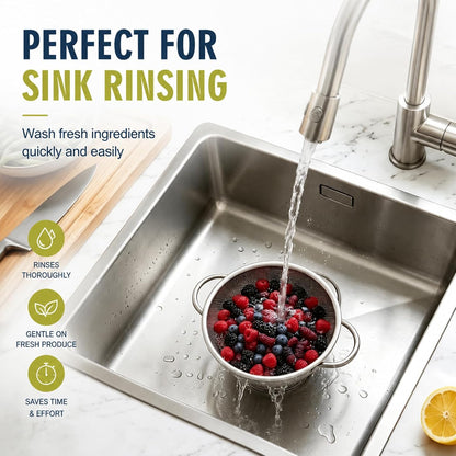 Palksky Stainless Steel Colander Set with Self-Draining Base, 3 Sizes Colanders & Food Strainers for Pasta, Rice, Fruits & Veggies, Metal Colander with Draining Plate for Sink or Countertop