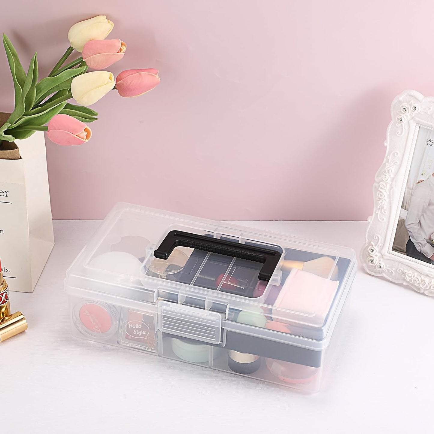 JUXYES Plastic Carry Storage Box with Removable Dividers, Clear Art Craft Supply Storage Bin Sewing Box With Handle Lid, 2 Layers Stationery Storage Case for School/Office Supplies