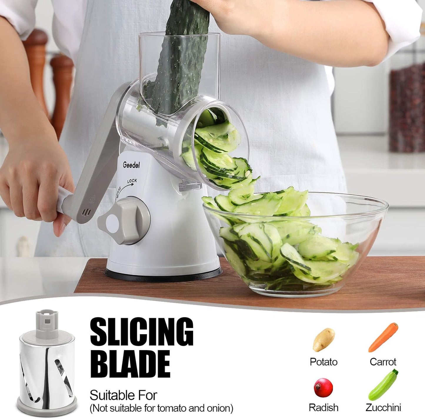 Geedel Rotary Cheese Grater, Kitchen Mandoline Vegetable Slicer with 3 Interchangeable Blades, Easy to Clean Rotary Grater Slicer for Cheese, Vegetables, Nuts