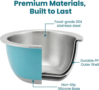 Rorence Mixing Bowls Set with Lids, 18/8 Stainless Steel Mixing Bowls with Non-Slip Silicone Base & Measurement Marks, Airtight Food Storage for Baking, Cooking & Meal Prep,1.5QT/3QT/5QT/Blue