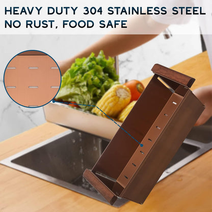 Strictly Sinks Gold Stainless Steel Colander - Premium Quality Over the Sink Colander with Non-Slip Handles, Sink Colander for Kitchen Sink to Rinse Fruits & Vegetables(17-3/8" x 8-1/8" x 4-3/4")