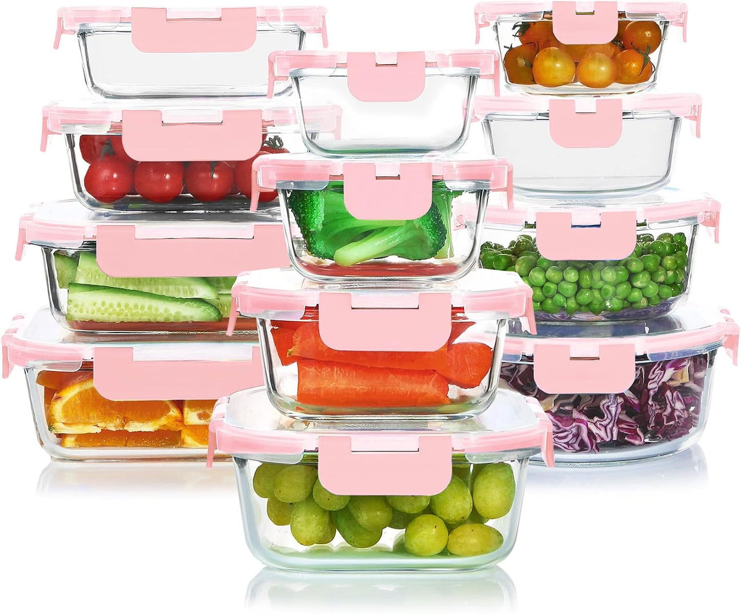 KOMUEE 24 Pieces Glass Food Storage Containers Set, Meal Prep Containers-Stackable Airtight Glass Storage Containers with lids,Freezer, Microwave, Oven Safe,Green