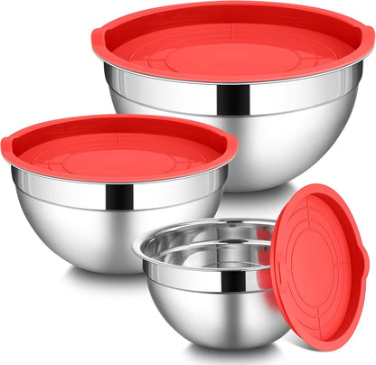LIANYU Mixing Bowls with Airtight Lids Sets, 3 Packs Stainless Steel Metal Mixing Bowls, Ideal for Prepping, Cooking, Storage, Serving, Freezer & Dishwasher Safe, Khaki