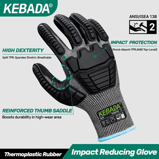 Kebada Impact Protection Gloves, ANSI A2 Cut Resistant, 1/3 Pairs