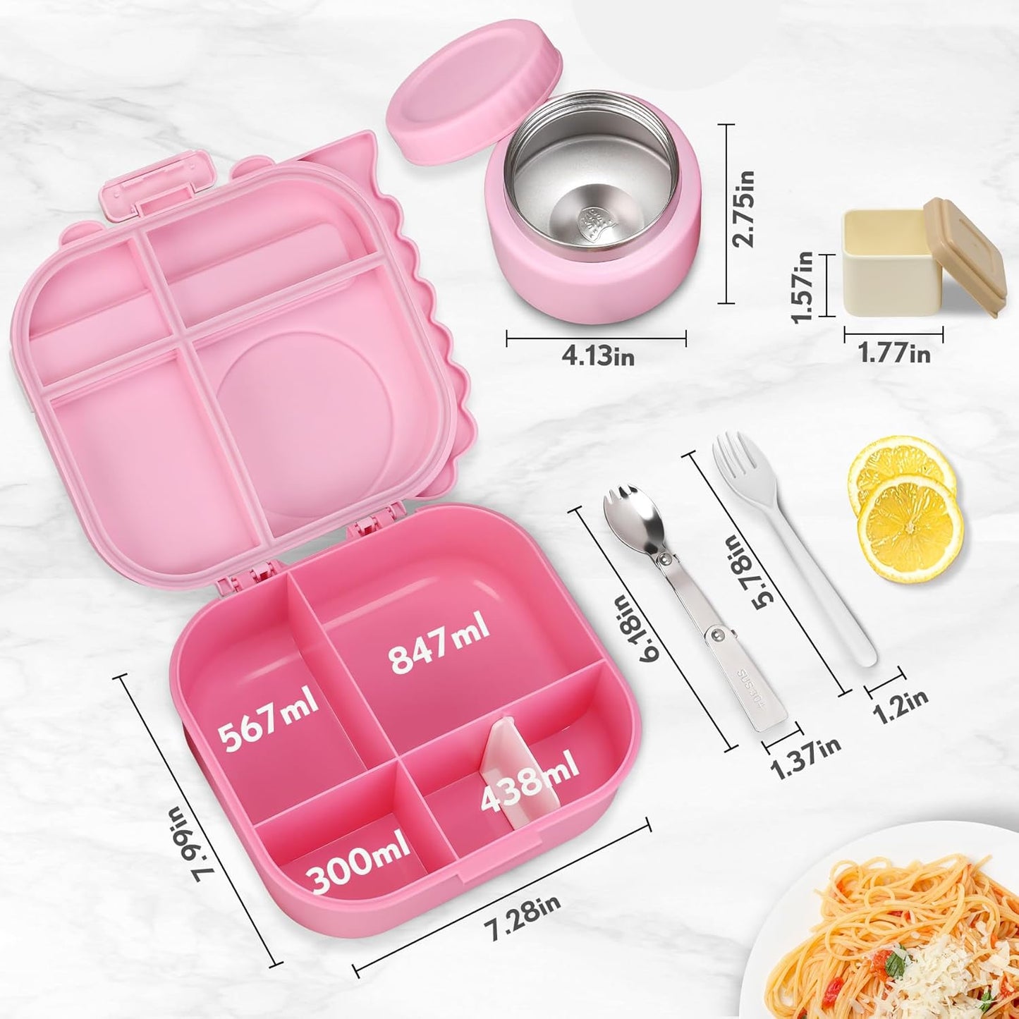 Lunch Box Kids with 5 Compartments, Insulated Food Jar & Utensils, Leak Proof Bento Box with Sauce Container, BPA-Free & Dishwasher Safe, Dinosaur Design(Purple)