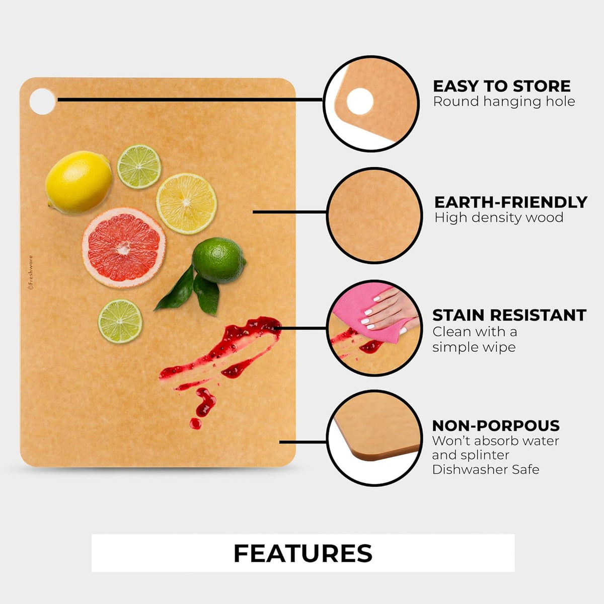 Freshware Wood Cutting Boards for Kitchen, Juice Groove, Non-Slip Silicone Feet, Dishwasher Safe, Medium 12" x 9" and Large, 15" x 11.25", Set of 2, Natural