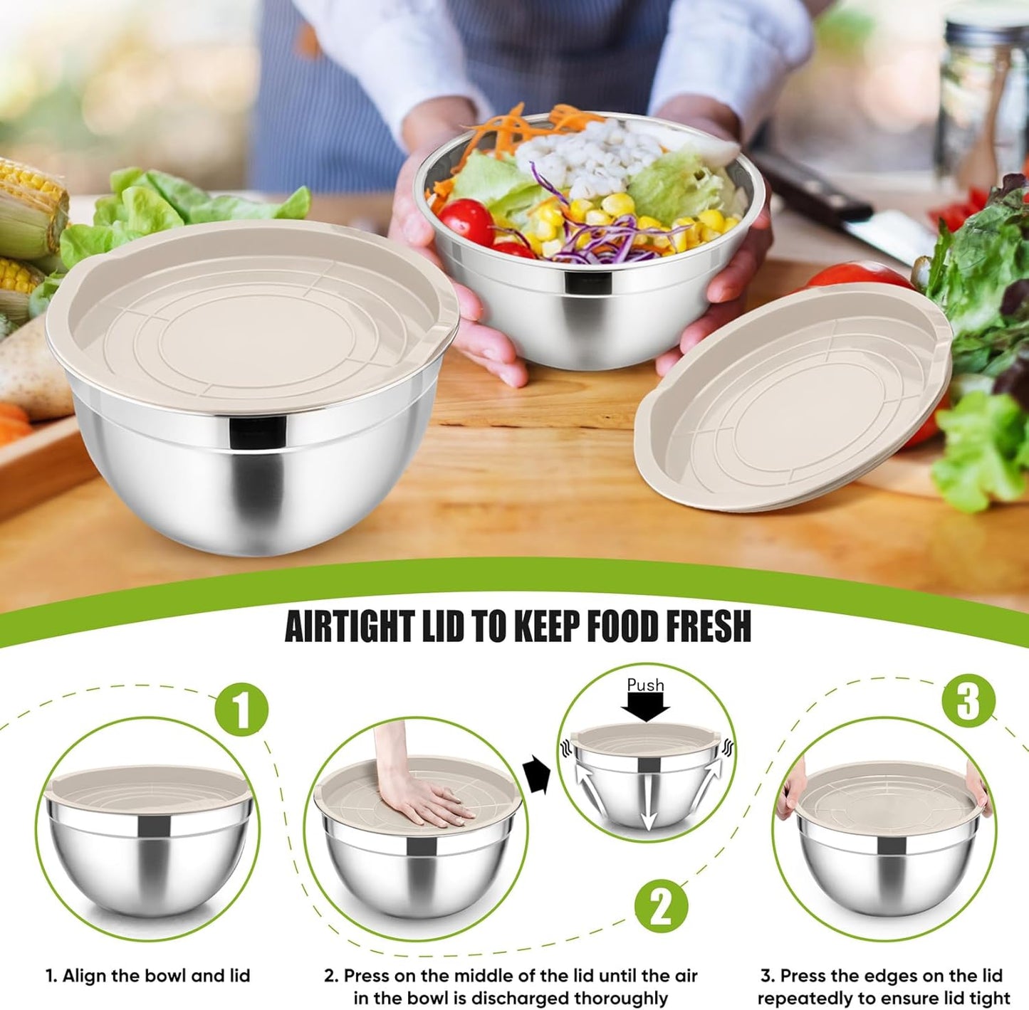 P&P CHEF Black Mixing Bowls with Lids, Set of 3, Stainless Steel Salad Nesting Bowl for Mixing, Storing, Prepping, Airtight & Stackable, Size 4.6/3 /1.5 QT