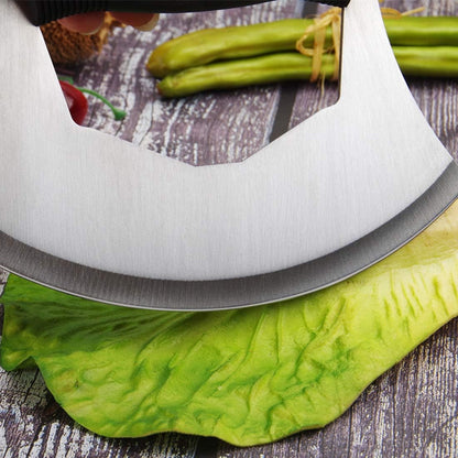 Mezzaluna Salad Chopper,Stainless Steel Mezzaluna Knife Razor Sharp Rocker Slicer with Protection Cover Vegetable Chopper Mincing Cutter for Pizza Cheese Onion Carrot Pepper Garlic