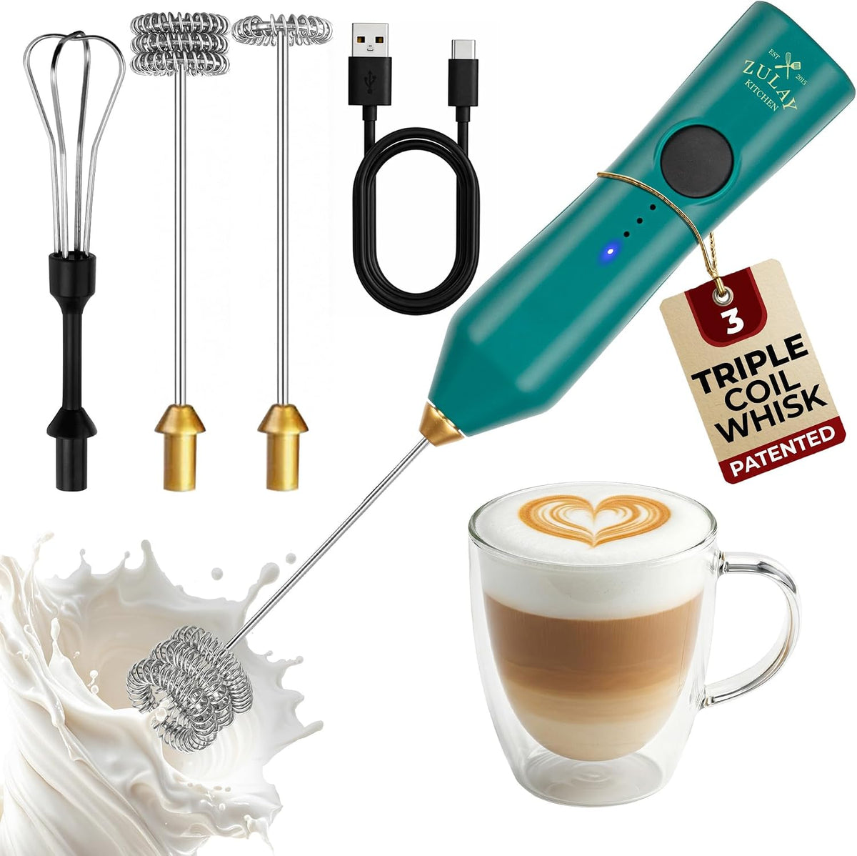 Zulay Kitchen Rechargeable Milk Frother Handheld - Frother Wand, Drink Mixer, Electric Whisk Frother, for Cappuccinos, Matcha & Protein Powder - Dynamic 3 Whisk, 3 Speed 500mAh Black - Colors B