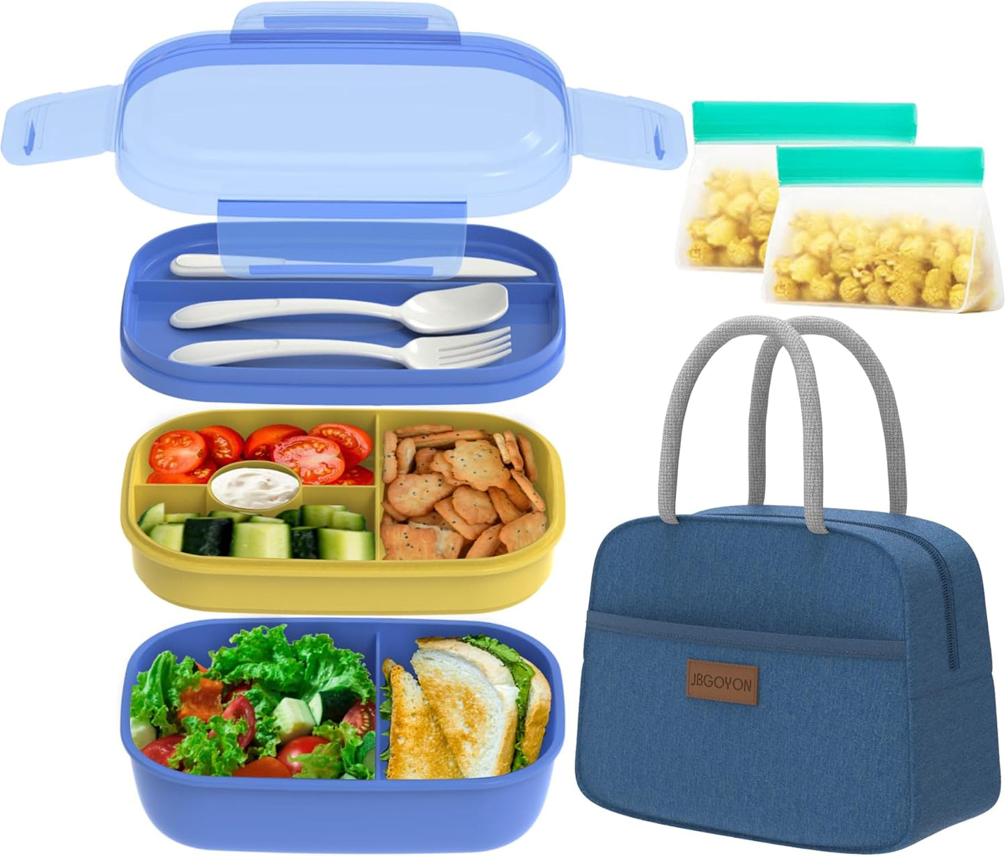 JBGOYON® Bento Lunch Box with Bag - All-in-One Stackable Lunch Containers with 3 Layers for Adults & Kids, 1900 ML Modern Bento-Style Design, Built-in Utensil Set, Lunch Bag (Purple)