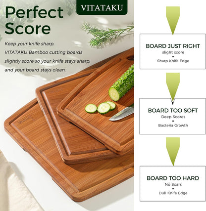 Bamboo Cutting Boards for Kitchen, 15.4" Deep Carbonized Wood Cutting Board with Storage Stand, 3 Piece Extra Thick Cutting Board Set with Deep Juice Grooves, Gift for Charcuterie Boards