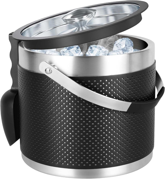 3.2L Double Wall Stainless Steel Ice Bucket with Lid,Scoop, Updated Insulated Ice Bucket for Cocktail Bar and Parties