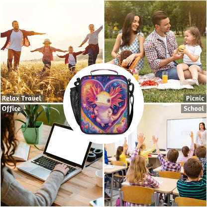 Insulated Lunch Box for Girls Kids Axolotl Lunch Bags Reusable Portable Lunchbox with Adjustable Shoulder Strap and Water Bottle Holder for Work School Travel